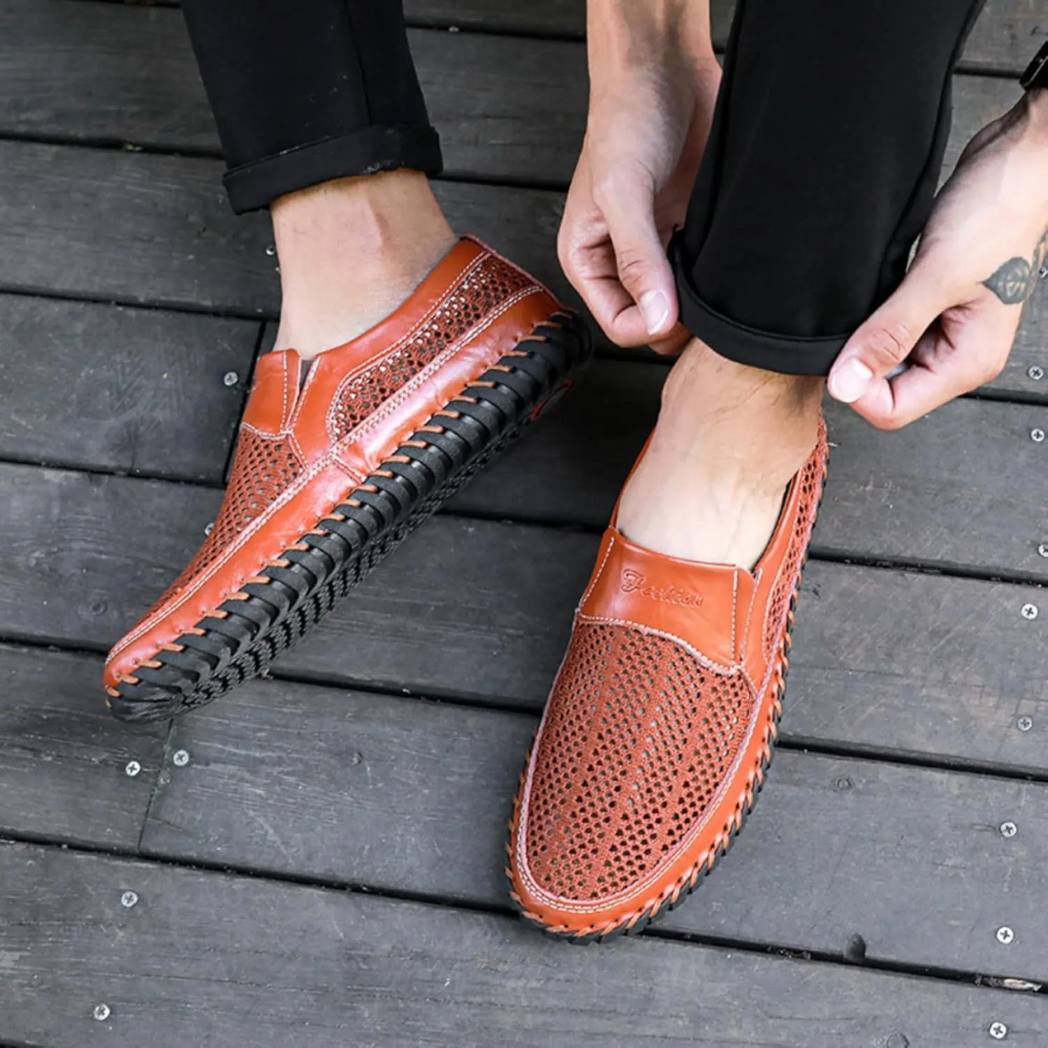 Mens Hollow Mesh Slip-On Loafers Handmade Soft Non-Slip Sole Casual Round Toe Breathable Outdoor Walking Driving Flats Sandals