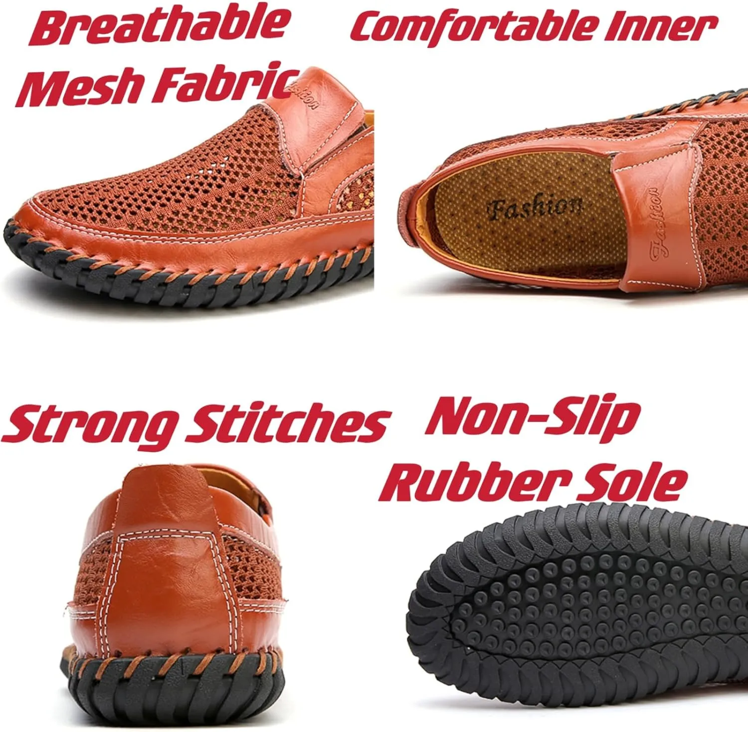 Mens Hollow Mesh Slip-On Loafers Handmade Soft Non-Slip Sole Casual Round Toe Breathable Outdoor Walking Driving Flats Sandals