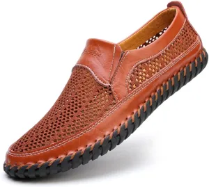 Mens Hollow Mesh Slip-On Loafers Handmade Soft Non-Slip Sole Casual Round Toe Breathable Outdoor Walking Driving Flats Sandals