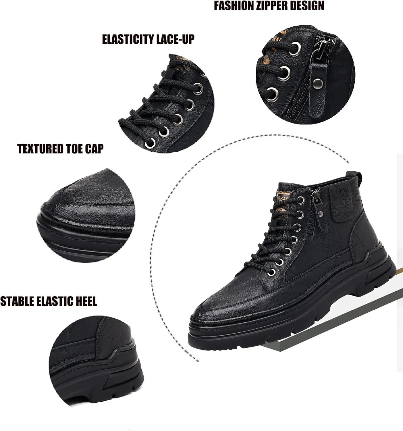 Men'S Leather Chukka Boot With Side Zipper Round Toe Comfort Fleece-Lined Anti-Slip Platform Lace-Up Casual Oxford Boots For Hiking Travel Motorcycle