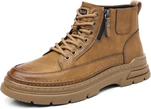 Men'S Leather Chukka Boot With Side Zipper Round Toe Comfort Fleece-Lined Anti-Slip Platform Lace-Up Casual Oxford Boots For Hiking Travel Motorcycle