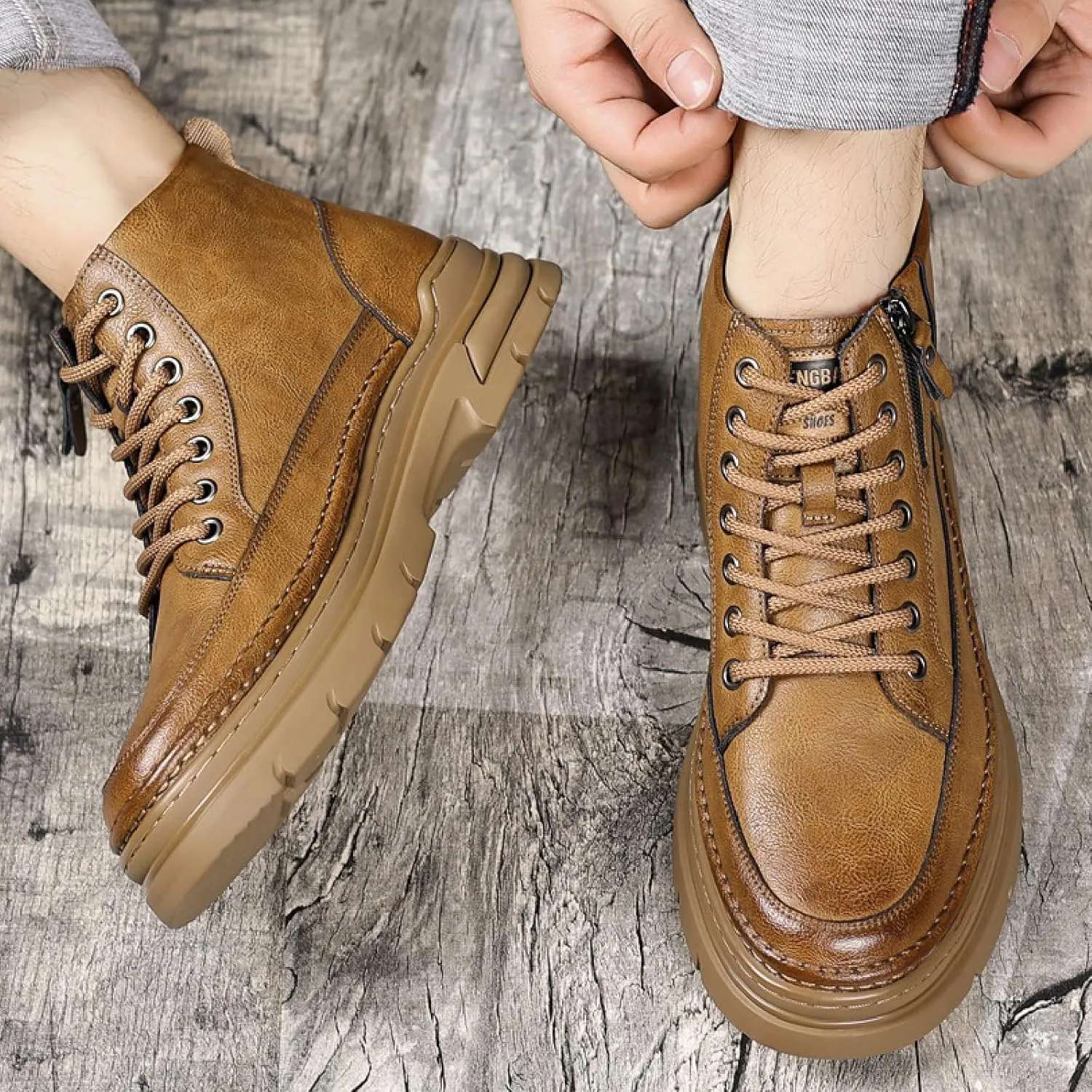Men'S Leather Chukka Boot With Side Zipper Round Toe Comfort Fleece-Lined Anti-Slip Platform Lace-Up Casual Oxford Boots For Hiking Travel Motorcycle