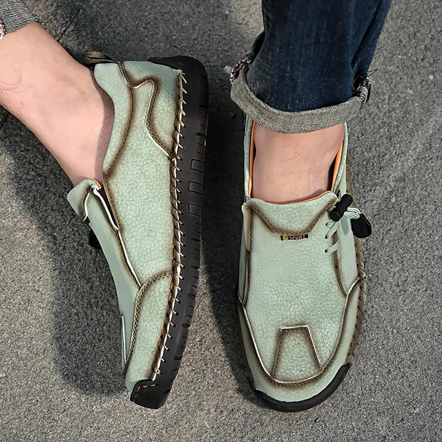 Men's Leather Hand Stitching Lace-Up Loafers Lightweight Breathable Round Toe Slip-On Flat Chukka Oxfords Driving Walking Shoes