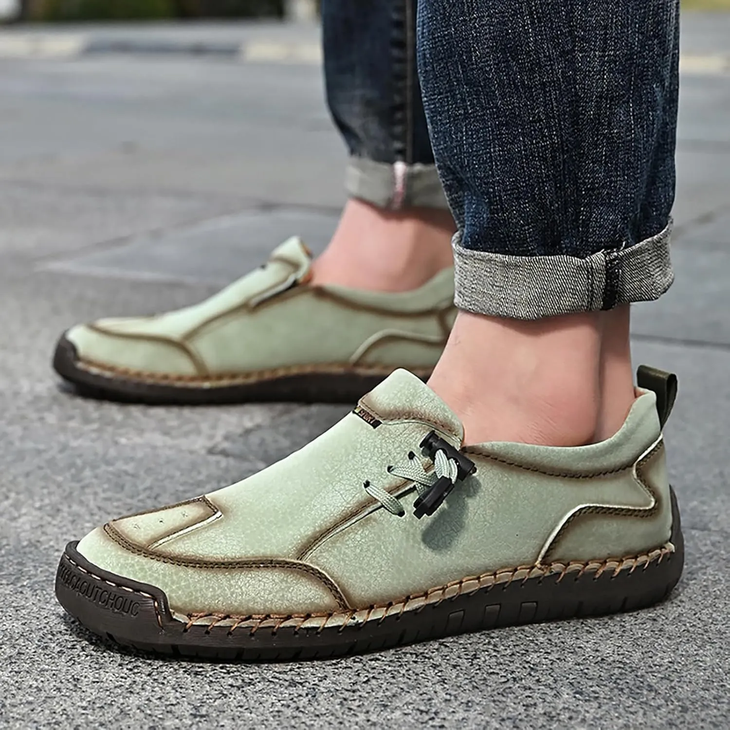 Men's Leather Hand Stitching Lace-Up Loafers Lightweight Breathable Round Toe Slip-On Flat Chukka Oxfords Driving Walking Shoes