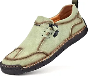 Men's Leather Hand Stitching Lace-Up Loafers Lightweight Breathable Round Toe Slip-On Flat Chukka Oxfords Driving Walking Shoes