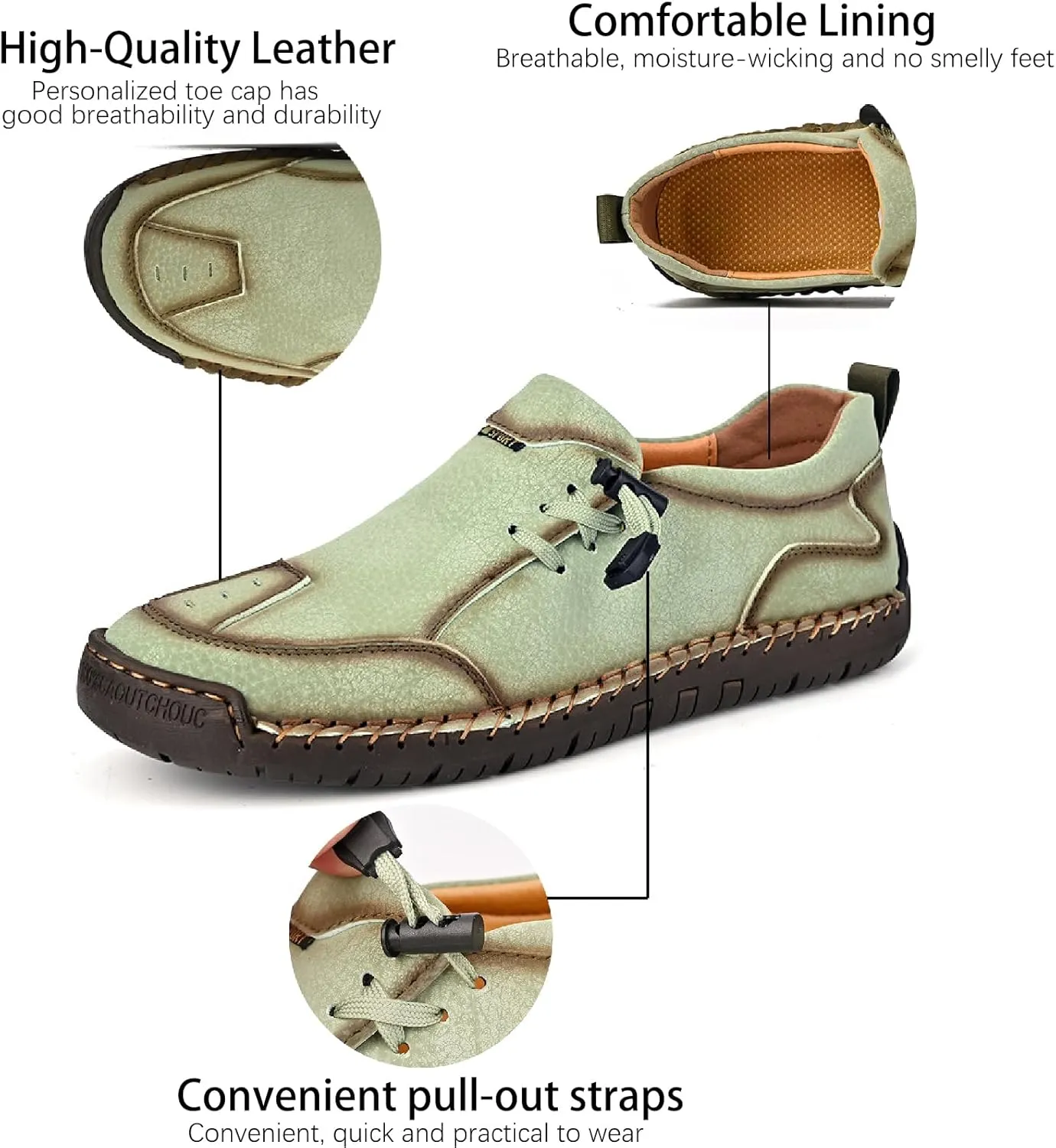 Men's Leather Hand Stitching Lace-Up Loafers Lightweight Breathable Round Toe Slip-On Flat Chukka Oxfords Driving Walking Shoes