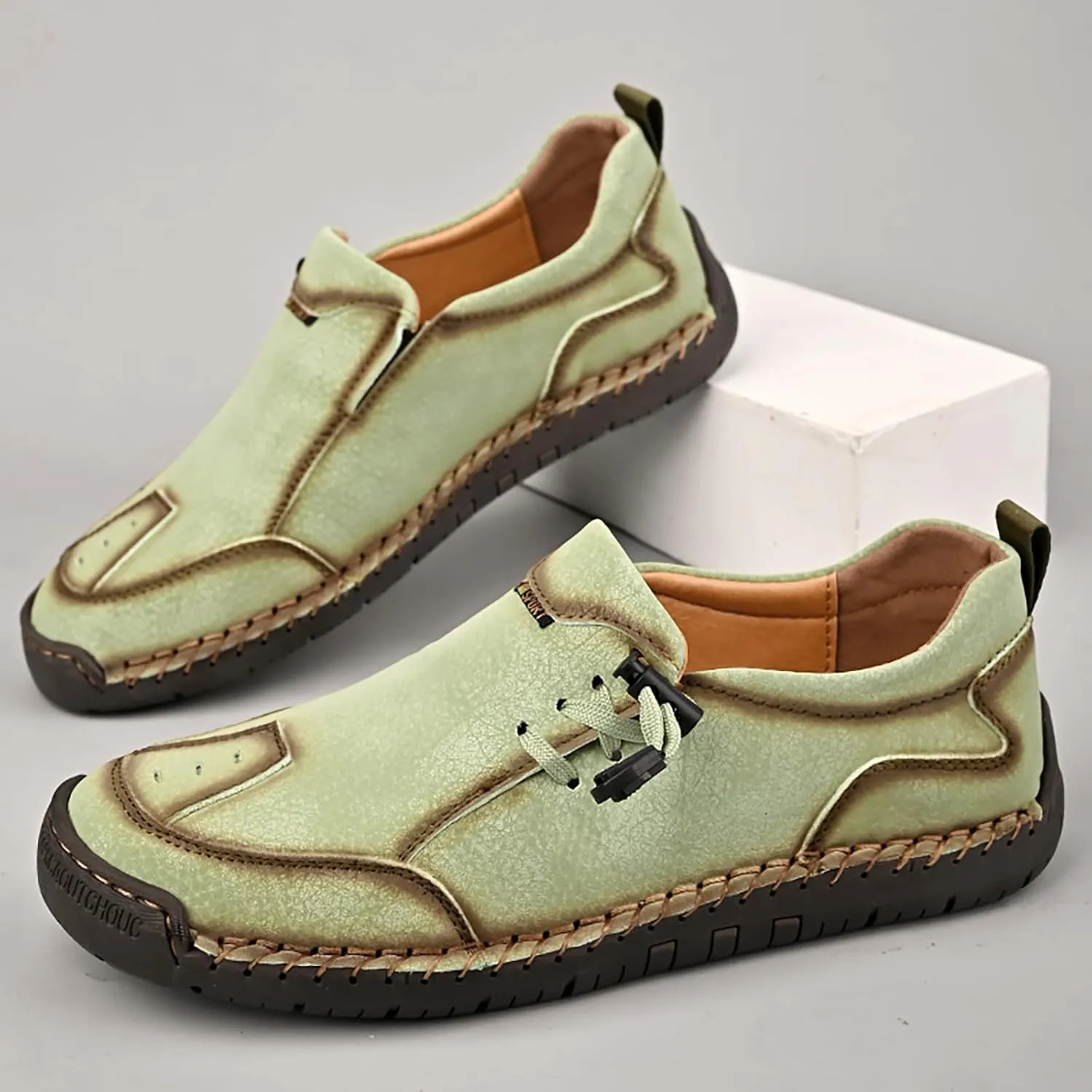 Men's Leather Hand Stitching Lace-Up Loafers Lightweight Breathable Round Toe Slip-On Flat Chukka Oxfords Driving Walking Shoes