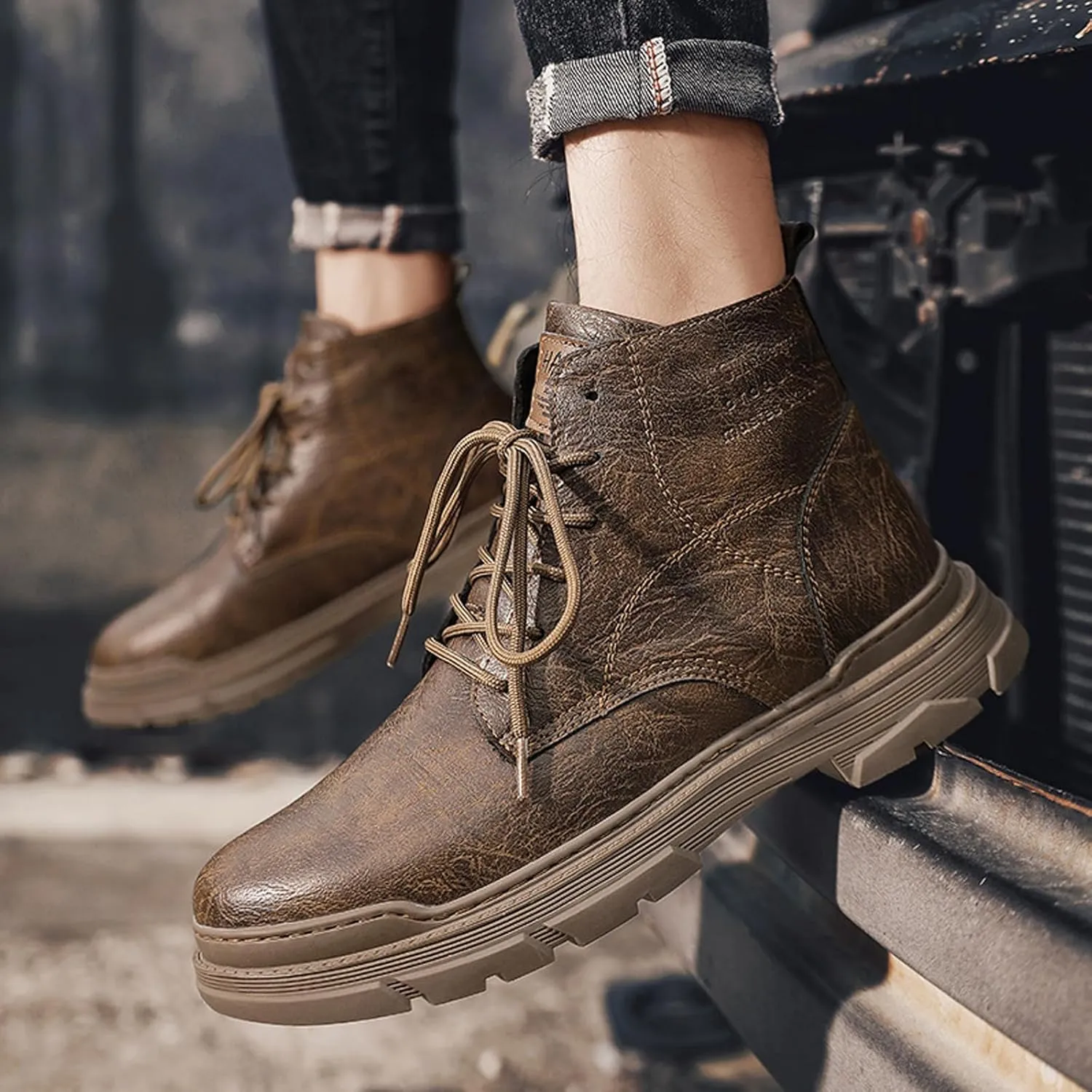 Men's Leather Lace Up Motorcycle Combat Boots Retro Round Toe lug sole Chukka Ankle Boots Casual Waterproof Oxford Dress Work Boot
