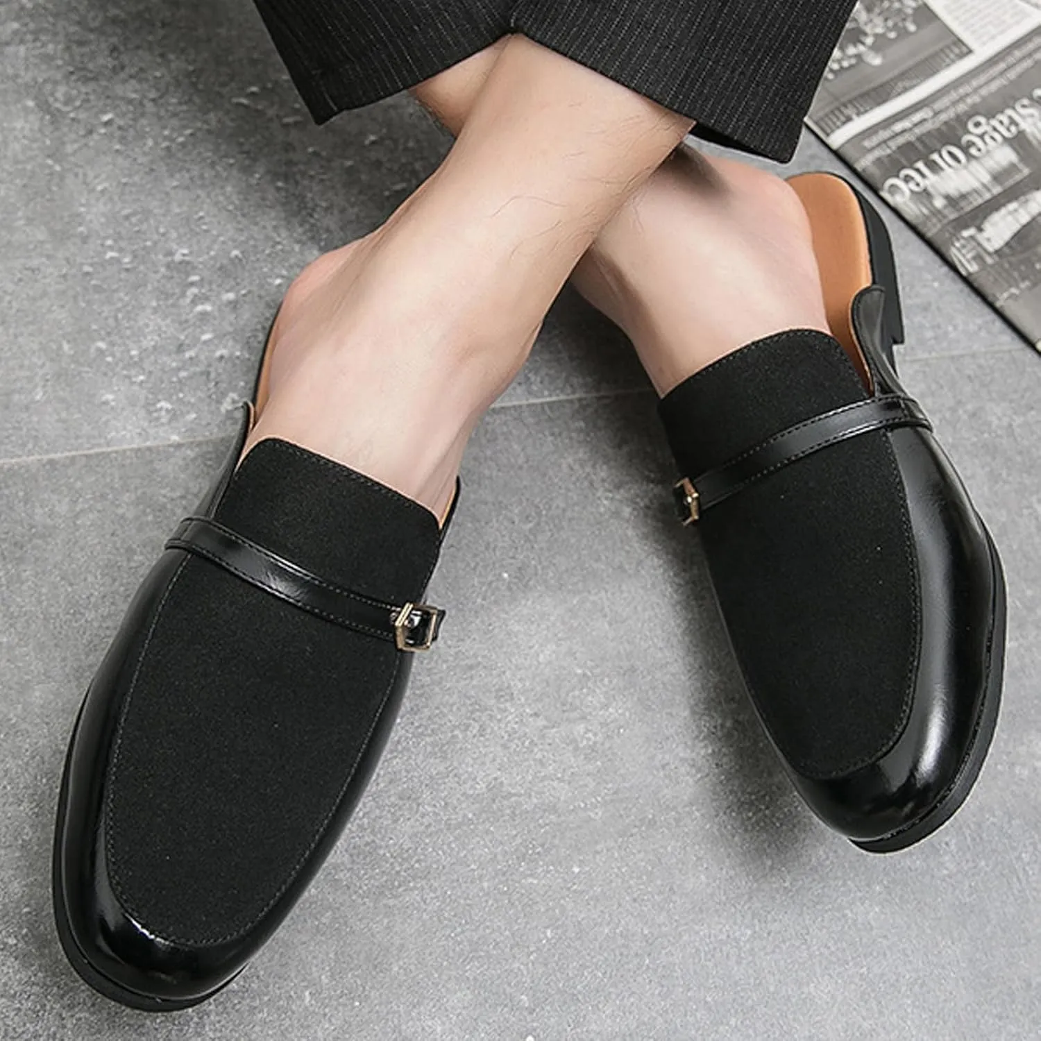 Men's Leather Metal Buckle Low Heel Formal Mules Retro Round Toe Suede Stitching Comfortable Non-Slip Flat Slingback Business Work Formal Half Slippers