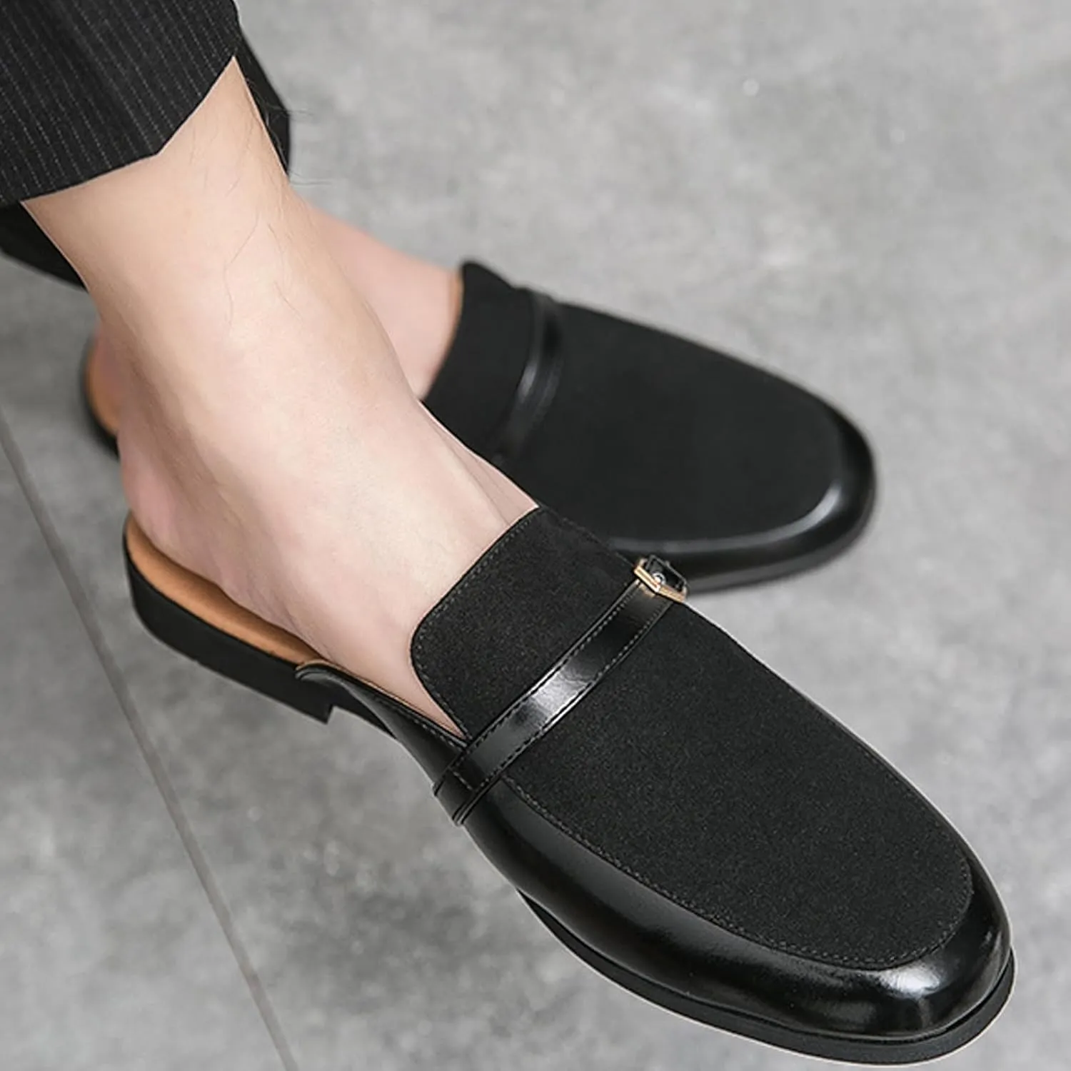 Men's Leather Metal Buckle Low Heel Formal Mules Retro Round Toe Suede Stitching Comfortable Non-Slip Flat Slingback Business Work Formal Half Slippers