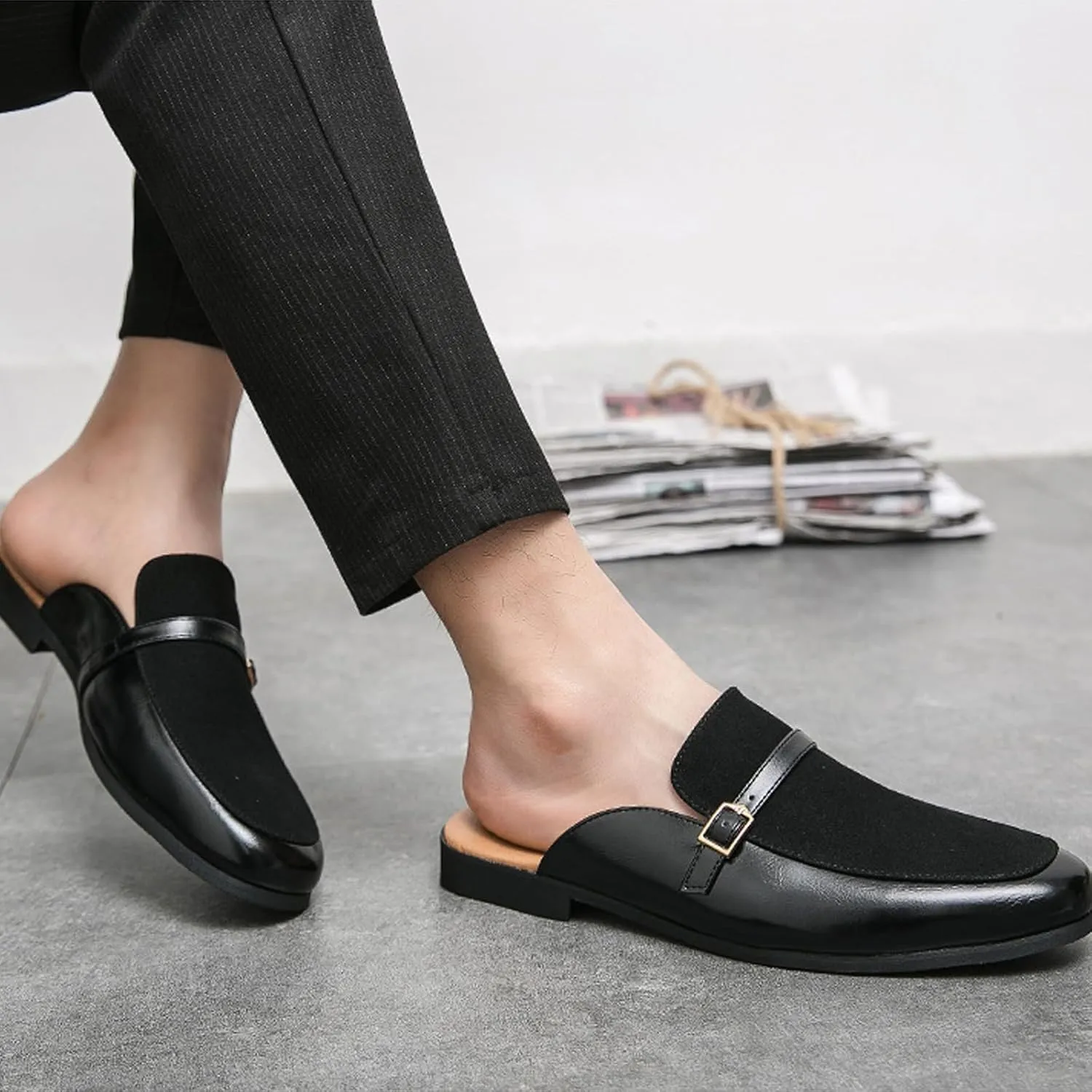 Men's Leather Metal Buckle Low Heel Formal Mules Retro Round Toe Suede Stitching Comfortable Non-Slip Flat Slingback Business Work Formal Half Slippers