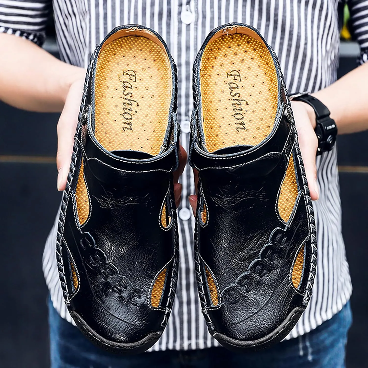 Mens Leather Sandals Hollow Closed Toe Summer Outdoor Casual Beach Shoes