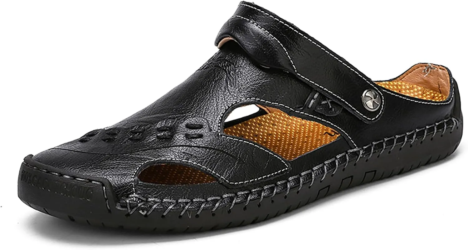 Mens Leather Sandals Hollow Closed Toe Summer Outdoor Casual Beach Shoes
