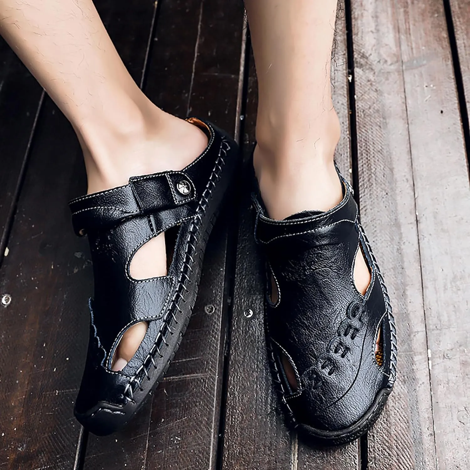 Mens Leather Sandals Hollow Closed Toe Summer Outdoor Casual Beach Shoes