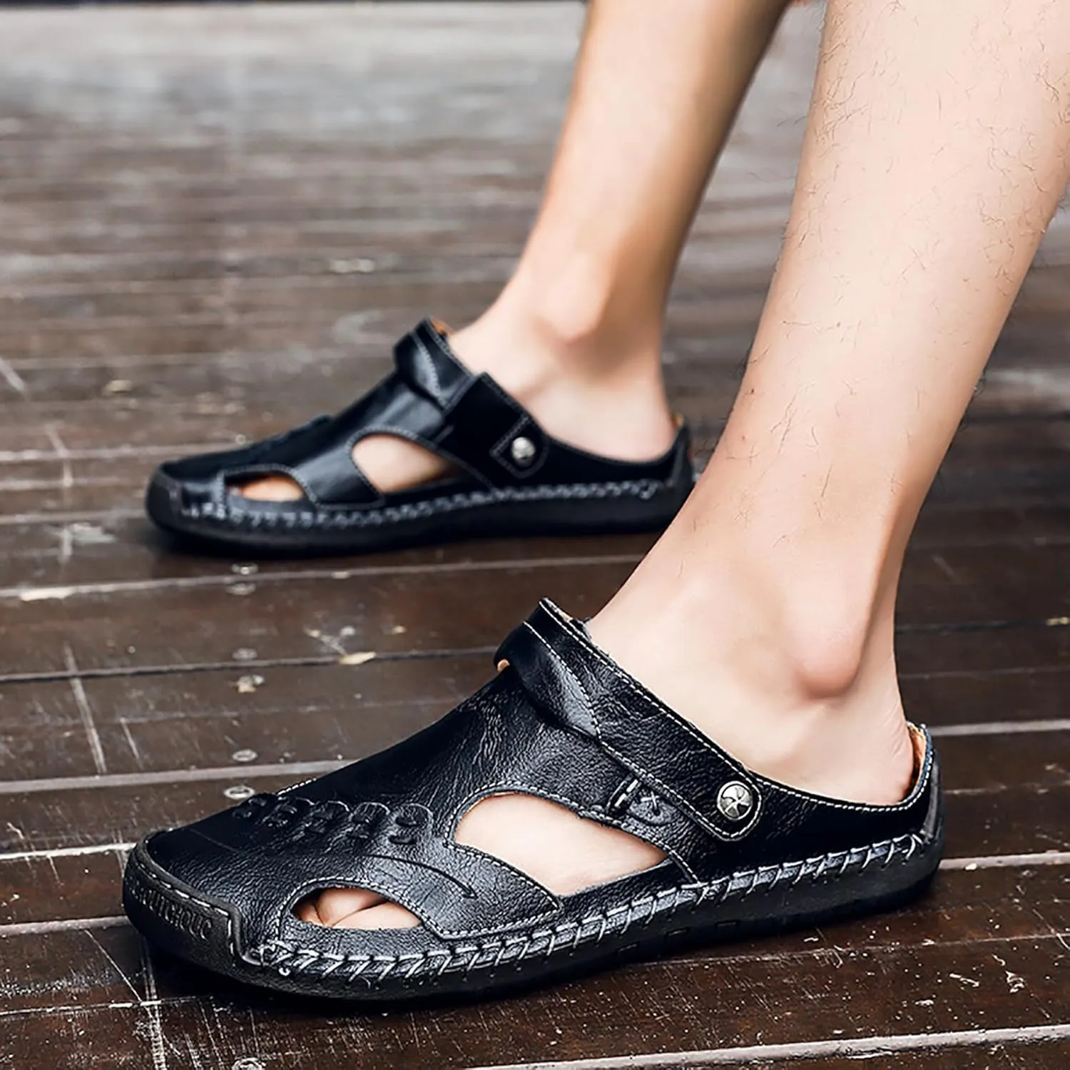 Mens Leather Sandals Hollow Closed Toe Summer Outdoor Casual Beach Shoes
