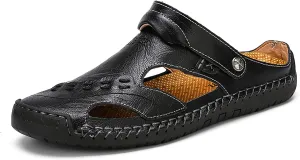 Mens Leather Sandals Hollow Closed Toe Summer Outdoor Casual Beach Shoes
