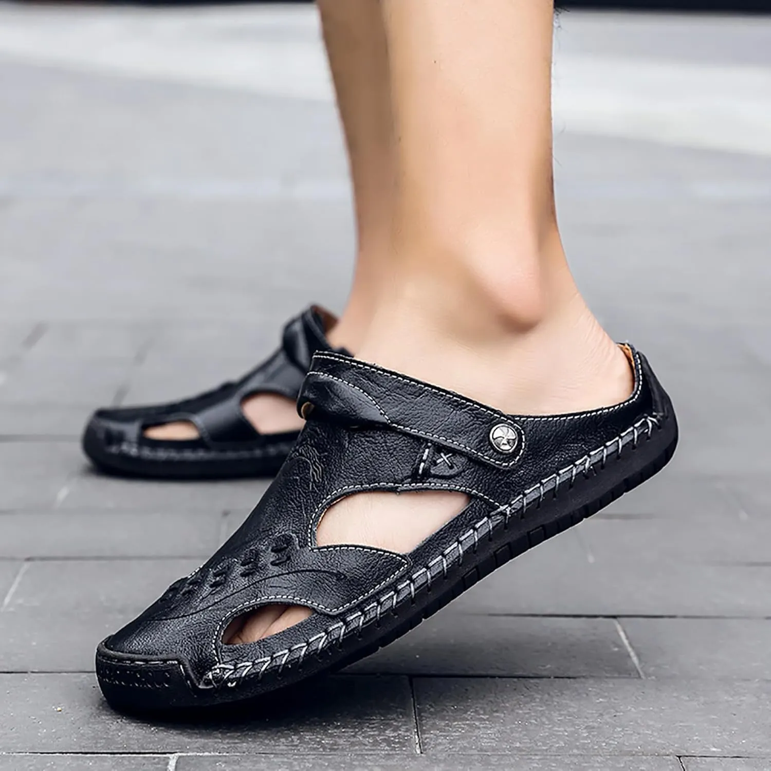 Mens Leather Sandals Hollow Closed Toe Summer Outdoor Casual Beach Shoes