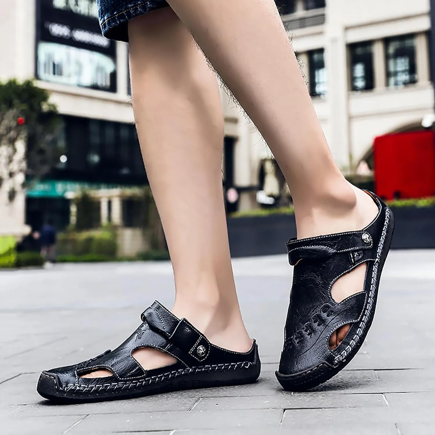 Mens Leather Sandals Hollow Closed Toe Summer Outdoor Casual Beach Shoes