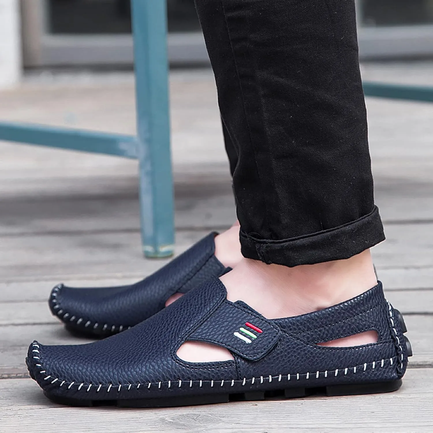 Men's Leather Square Toe Soft Sole Loafers with Hook&Loop,Breathable Comfortable Slip On Flat Moccasin Boat Shoes,Casual Fashion Walking Driving Shoes