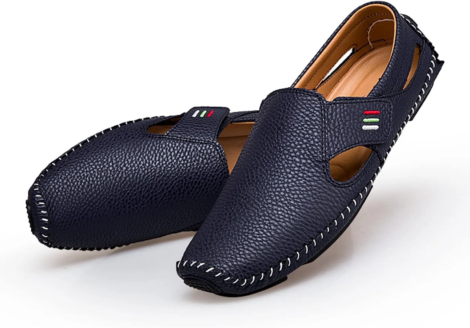 Men's Leather Square Toe Soft Sole Loafers with Hook&Loop,Breathable Comfortable Slip On Flat Moccasin Boat Shoes,Casual Fashion Walking Driving Shoes