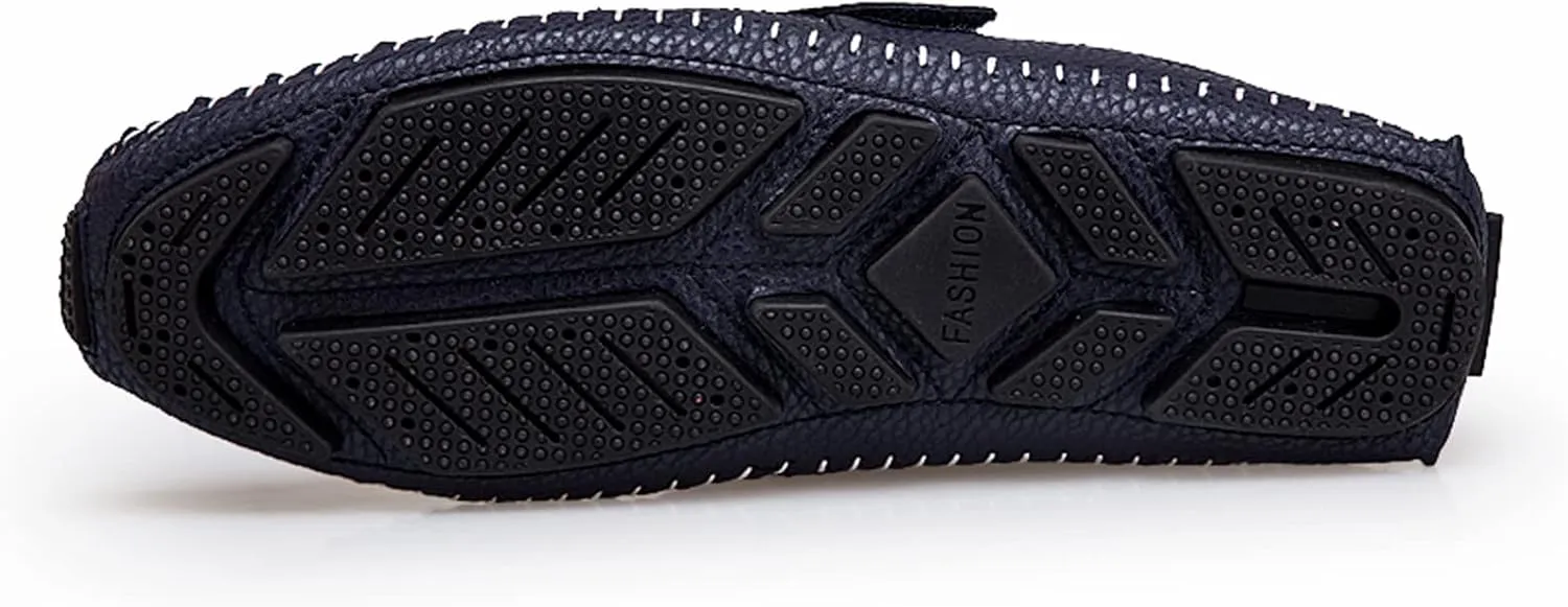 Men's Leather Square Toe Soft Sole Loafers with Hook&Loop,Breathable Comfortable Slip On Flat Moccasin Boat Shoes,Casual Fashion Walking Driving Shoes