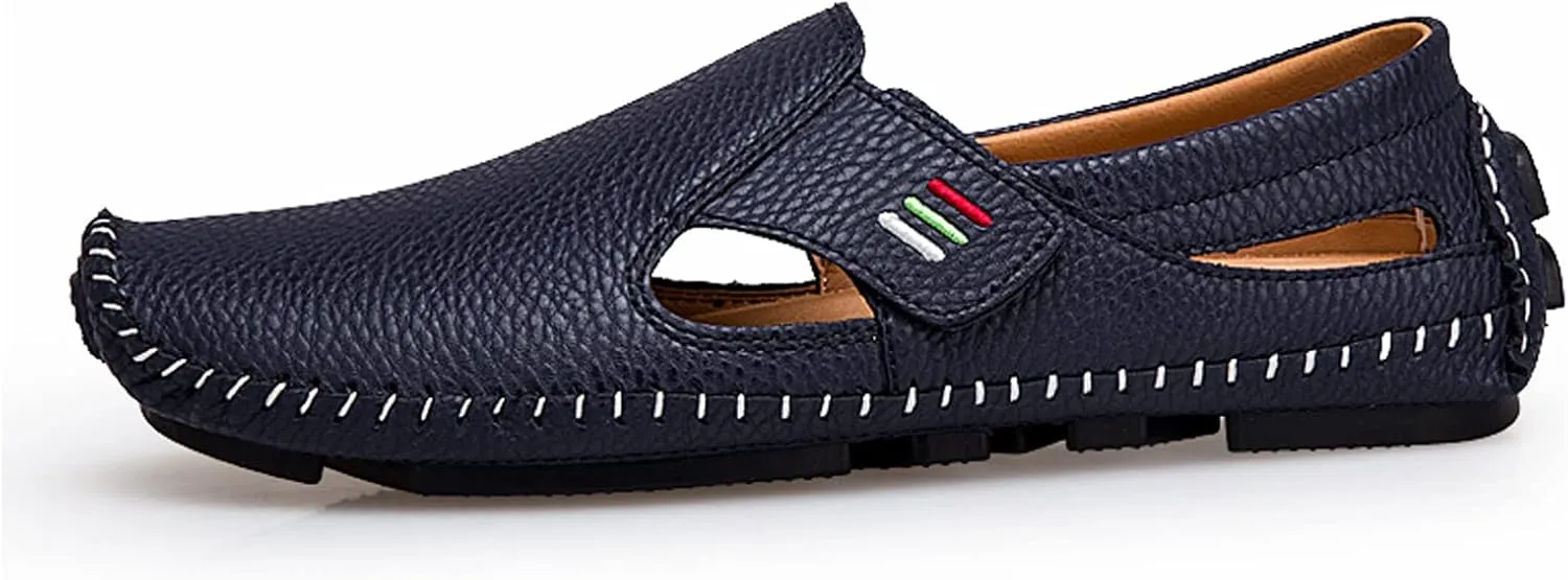 Men's Leather Square Toe Soft Sole Loafers with Hook&Loop,Breathable Comfortable Slip On Flat Moccasin Boat Shoes,Casual Fashion Walking Driving Shoes