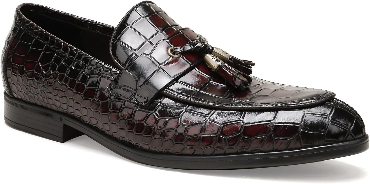 Mens Leather Tassel Shoes, Classic Formal Crocodile Printed Tassel Business Dress Shoes Party Loafers for Men