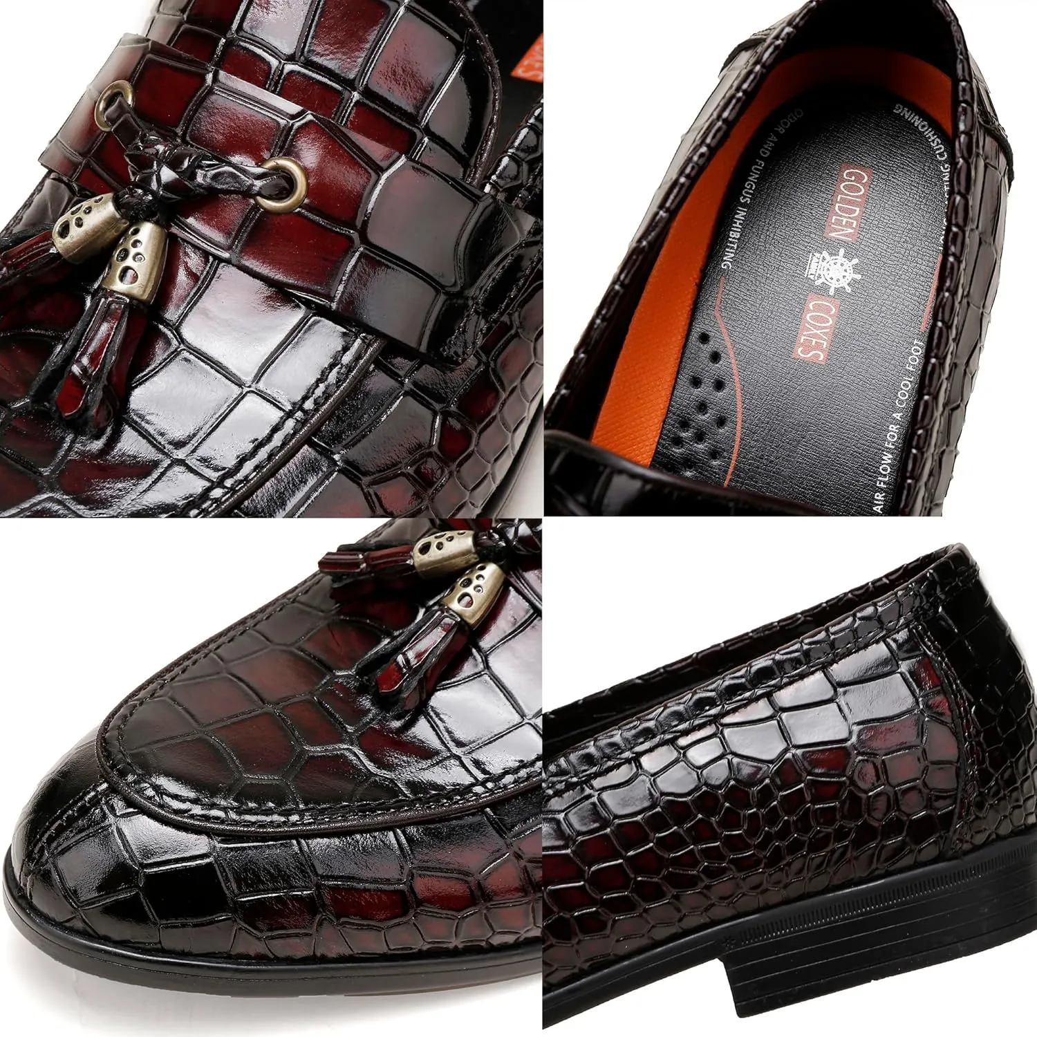 Mens Leather Tassel Shoes, Classic Formal Crocodile Printed Tassel Business Dress Shoes Party Loafers for Men