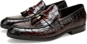 Mens Leather Tassel Shoes, Classic Formal Crocodile Printed Tassel Business Dress Shoes Party Loafers for Men