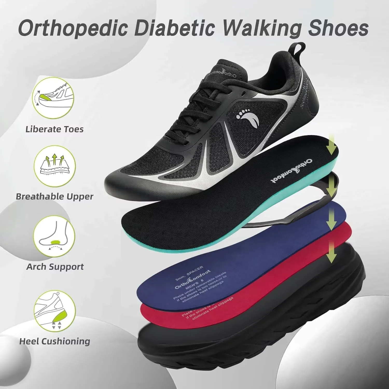 Men's Orthopedic Diabetic Wide Running Shoes: Comfortable Arch Support Plantar Fasciitis Sports Sneakers, Casual Orthotic Swollen Tennis Work Walking Shoes for Foot and Heel Pain Relief