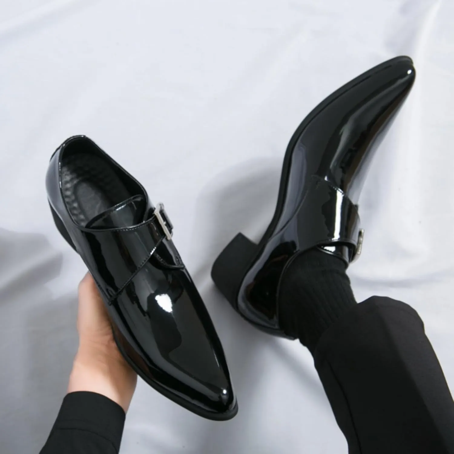 Men's Patent Leather Chunky Heels Dress Loafers with Monk Strap Modern Pointed Toe Tuxedo Oxford Shoes for Formal Business Office Church