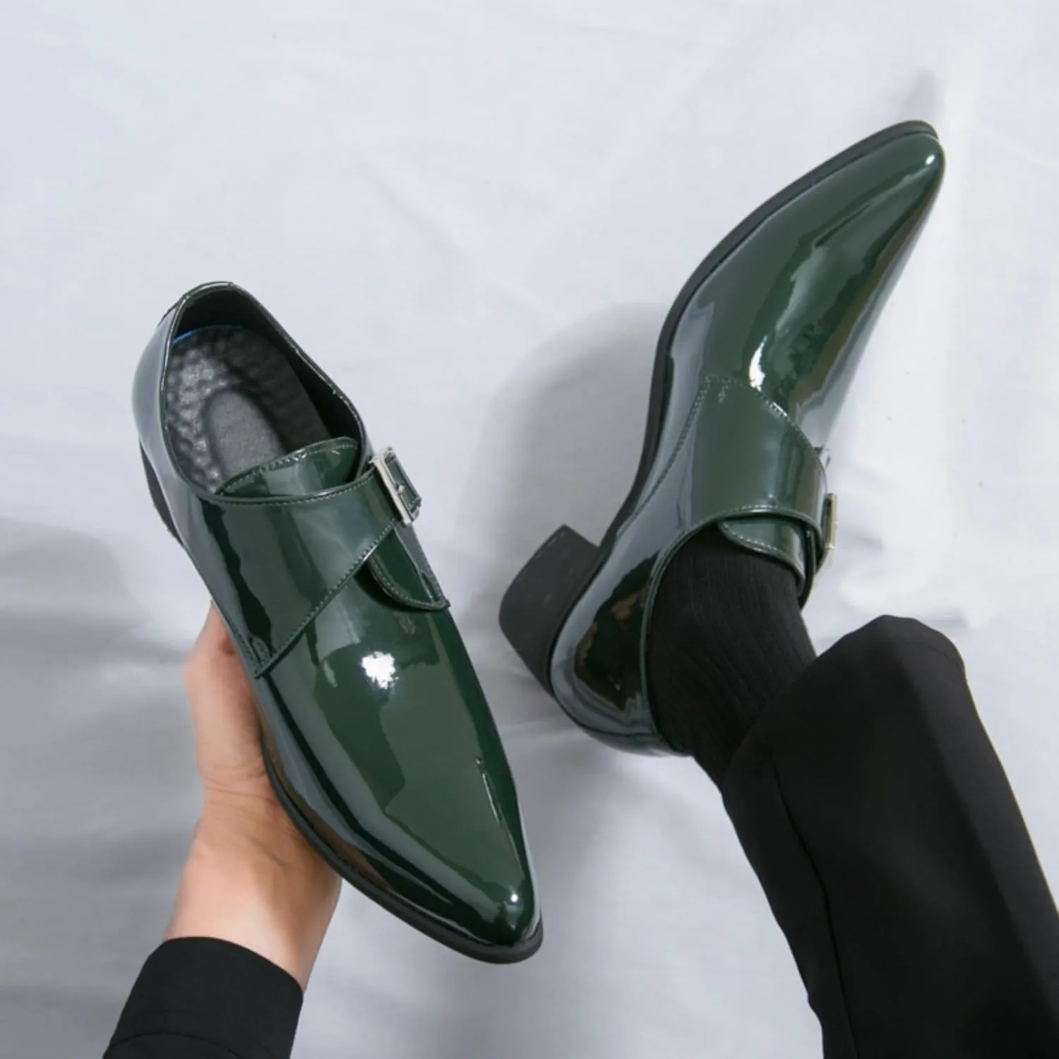Men's Patent Leather Chunky Heels Dress Loafers with Monk Strap Modern Pointed Toe Tuxedo Oxford Shoes for Formal Business Office Church