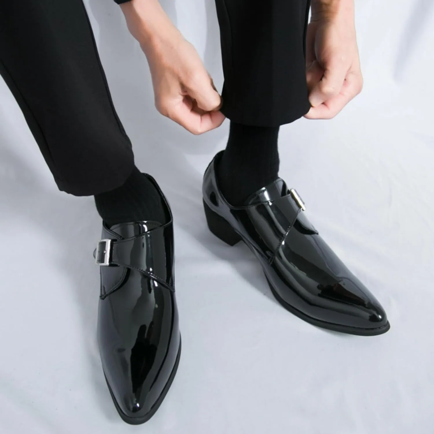 Men's Patent Leather Chunky Heels Dress Loafers with Monk Strap Modern Pointed Toe Tuxedo Oxford Shoes for Formal Business Office Church