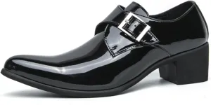 Men's Patent Leather Chunky Heels Dress Loafers with Monk Strap Modern Pointed Toe Tuxedo Oxford Shoes for Formal Business Office Church