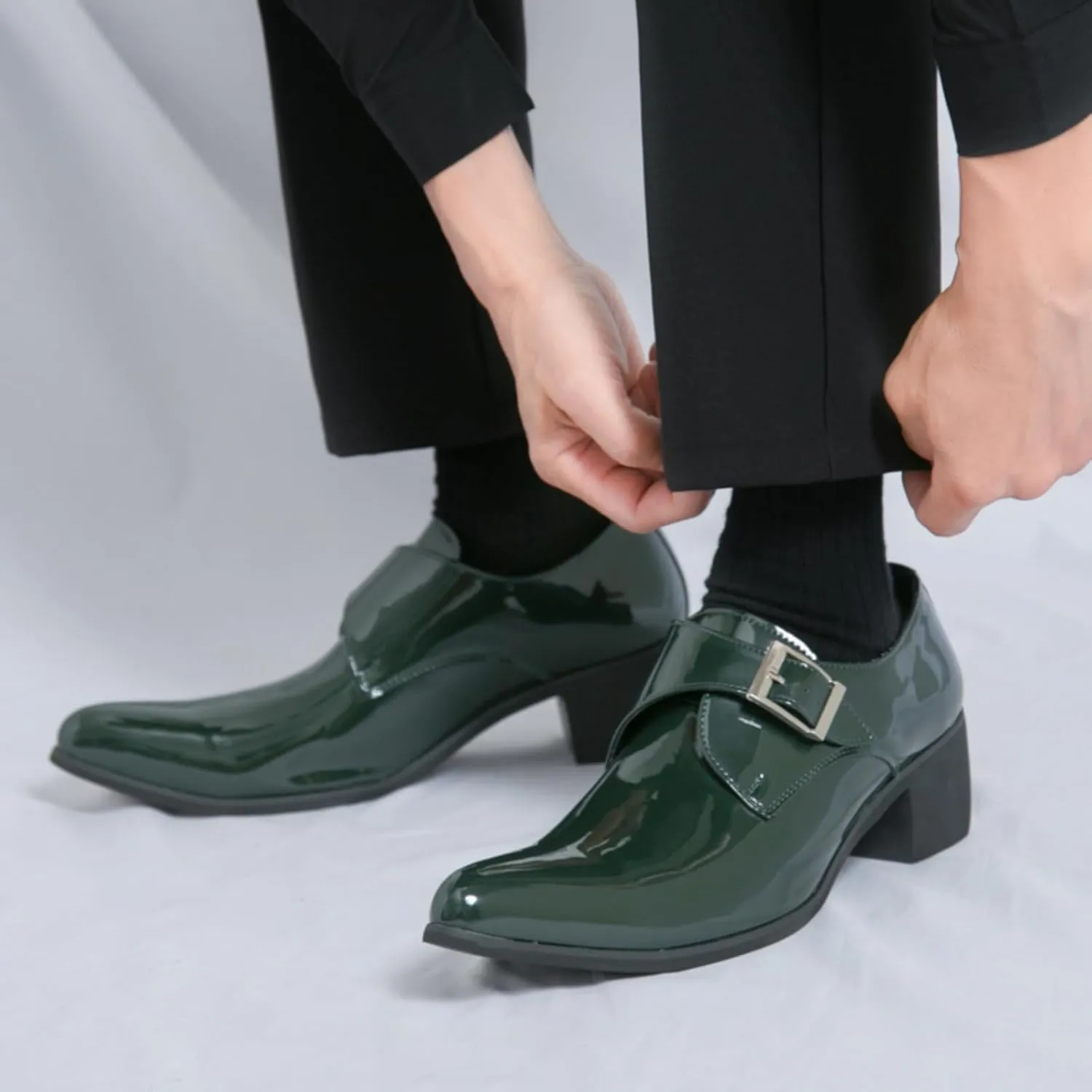 Men's Patent Leather Chunky Heels Dress Loafers with Monk Strap Modern Pointed Toe Tuxedo Oxford Shoes for Formal Business Office Church