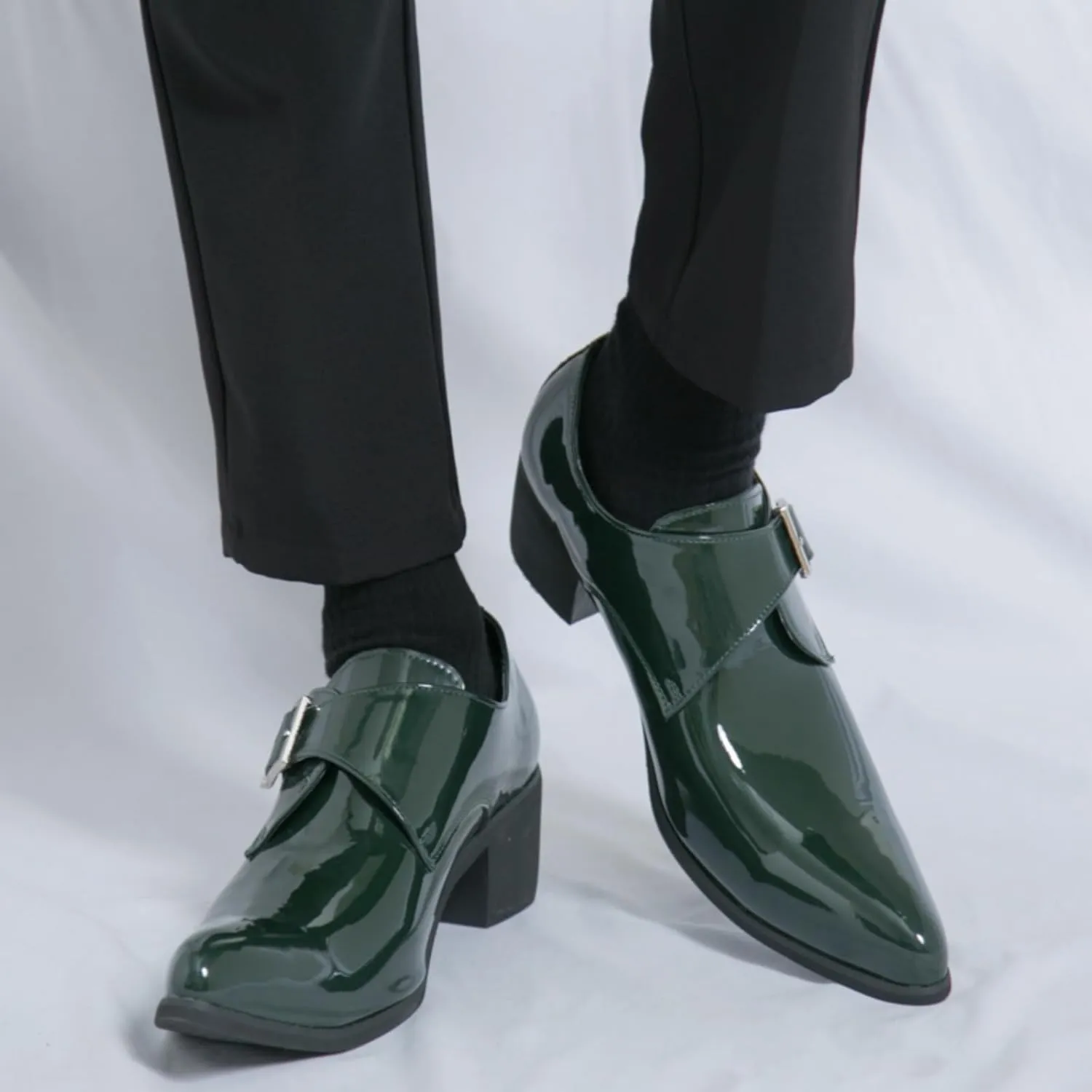 Men's Patent Leather Chunky Heels Dress Loafers with Monk Strap Modern Pointed Toe Tuxedo Oxford Shoes for Formal Business Office Church