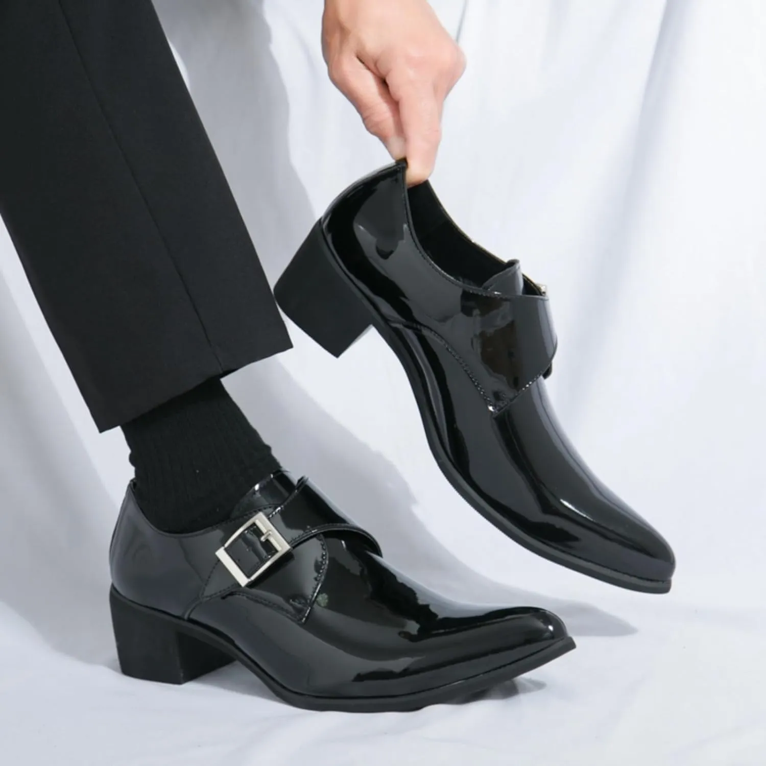 Men's Patent Leather Chunky Heels Dress Loafers with Monk Strap Modern Pointed Toe Tuxedo Oxford Shoes for Formal Business Office Church