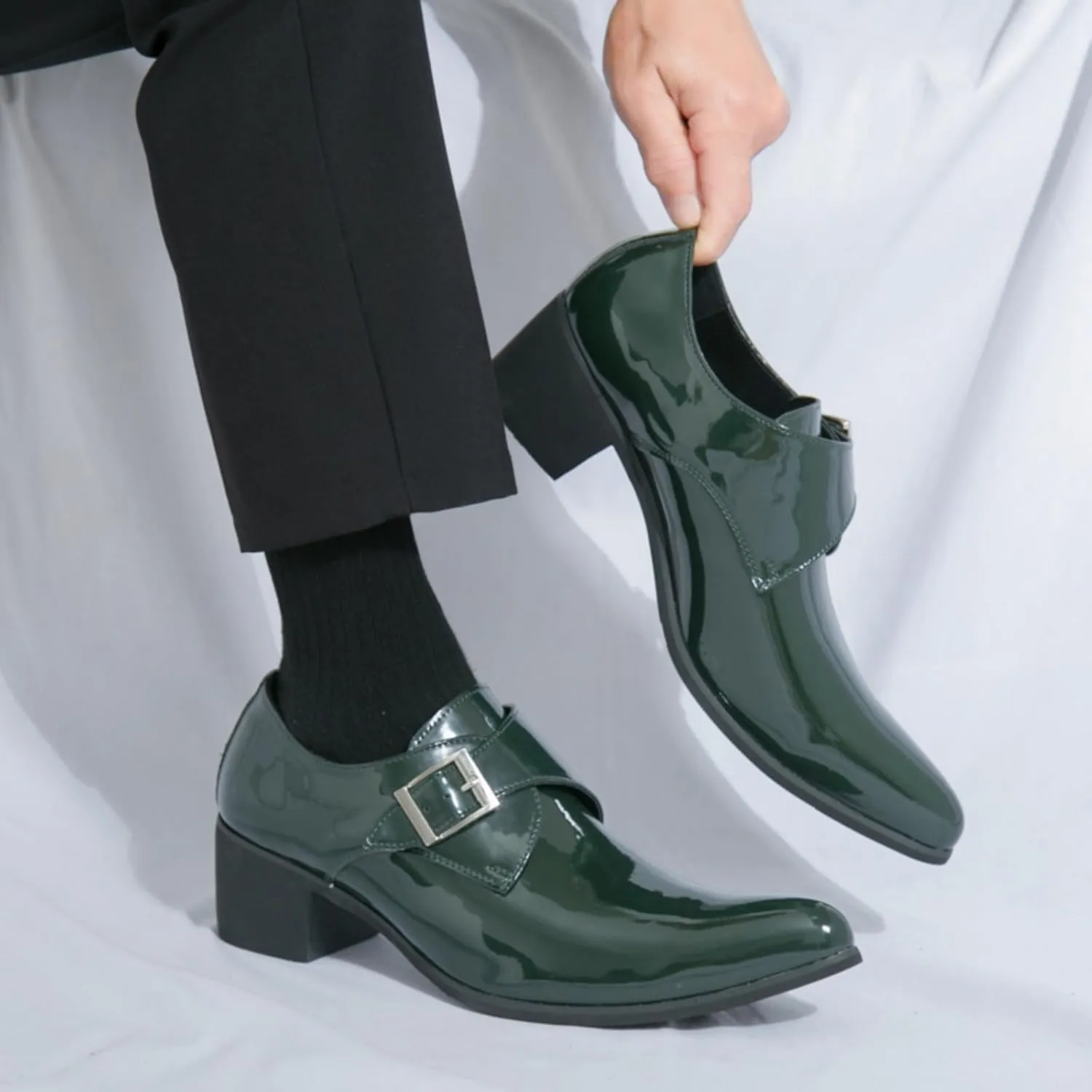 Men's Patent Leather Chunky Heels Dress Loafers with Monk Strap Modern Pointed Toe Tuxedo Oxford Shoes for Formal Business Office Church