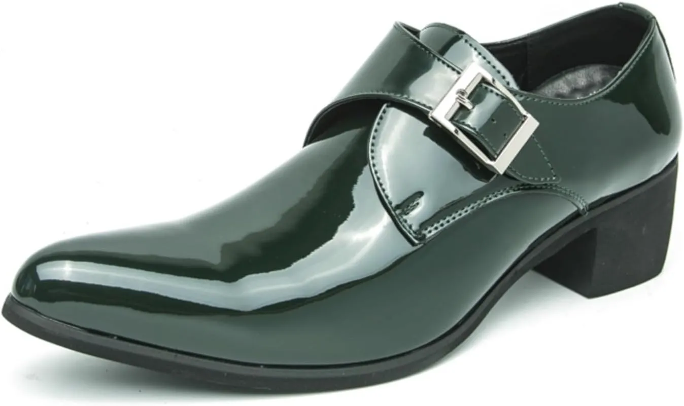 Men's Patent Leather Chunky Heels Dress Loafers with Monk Strap Modern Pointed Toe Tuxedo Oxford Shoes for Formal Business Office Church