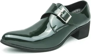 Men's Patent Leather Chunky Heels Dress Loafers with Monk Strap Modern Pointed Toe Tuxedo Oxford Shoes for Formal Business Office Church