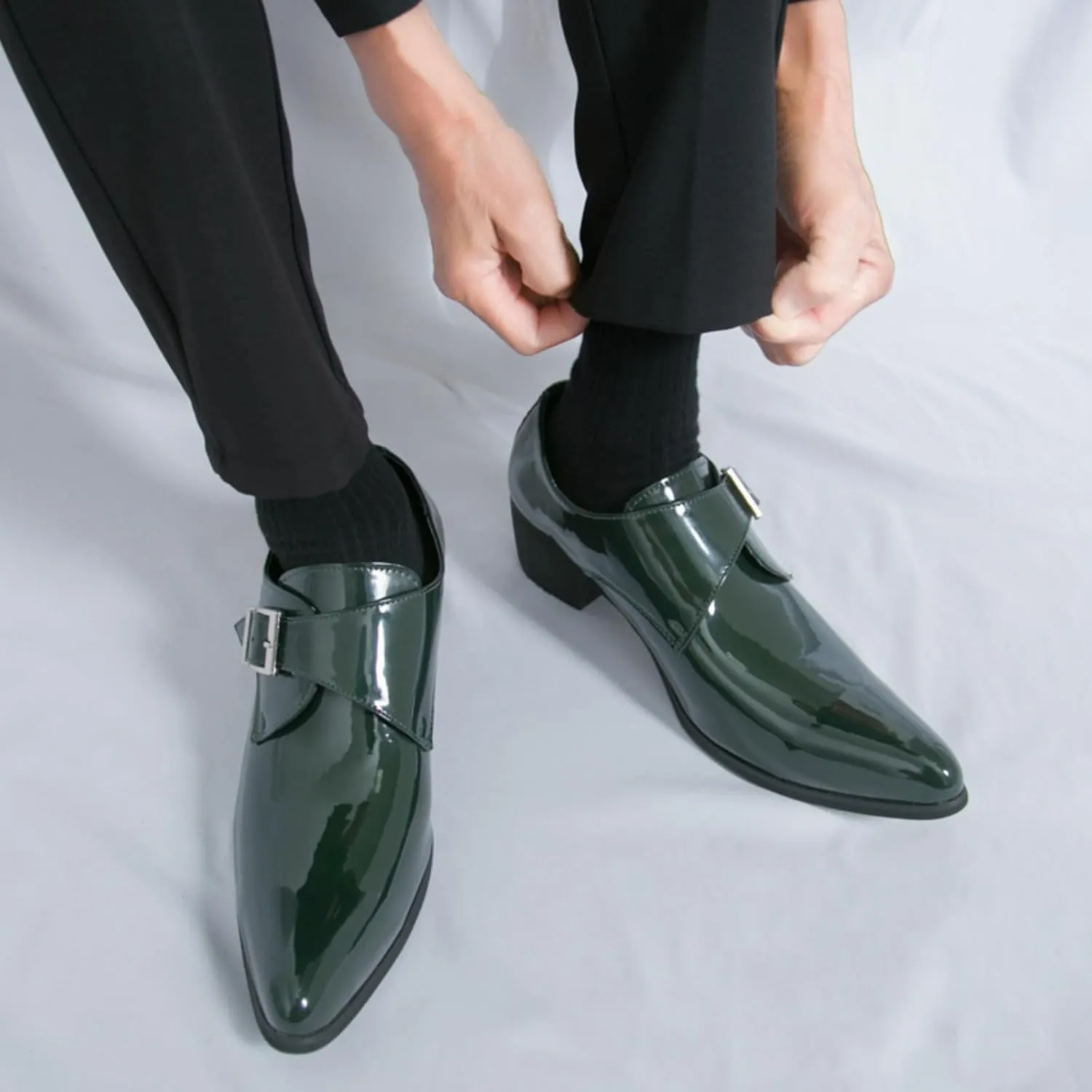Men's Patent Leather Chunky Heels Dress Loafers with Monk Strap Modern Pointed Toe Tuxedo Oxford Shoes for Formal Business Office Church