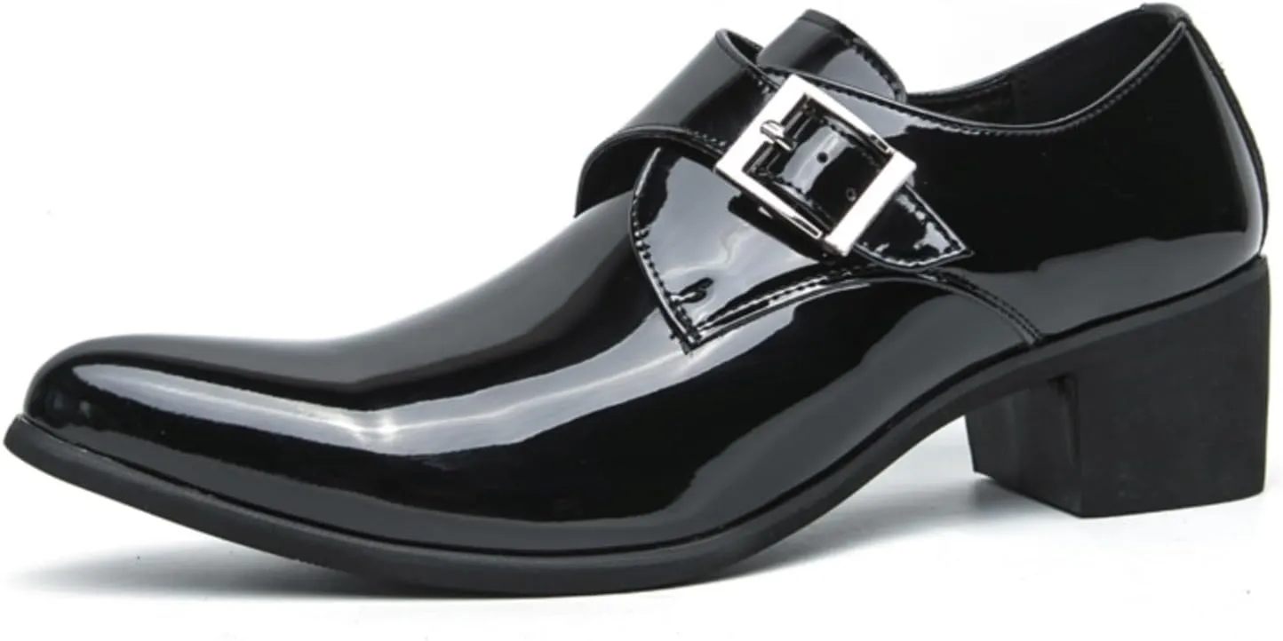 Men's Patent Leather Chunky Heels Dress Loafers with Monk Strap Modern Pointed Toe Tuxedo Oxford Shoes for Formal Business Office Church