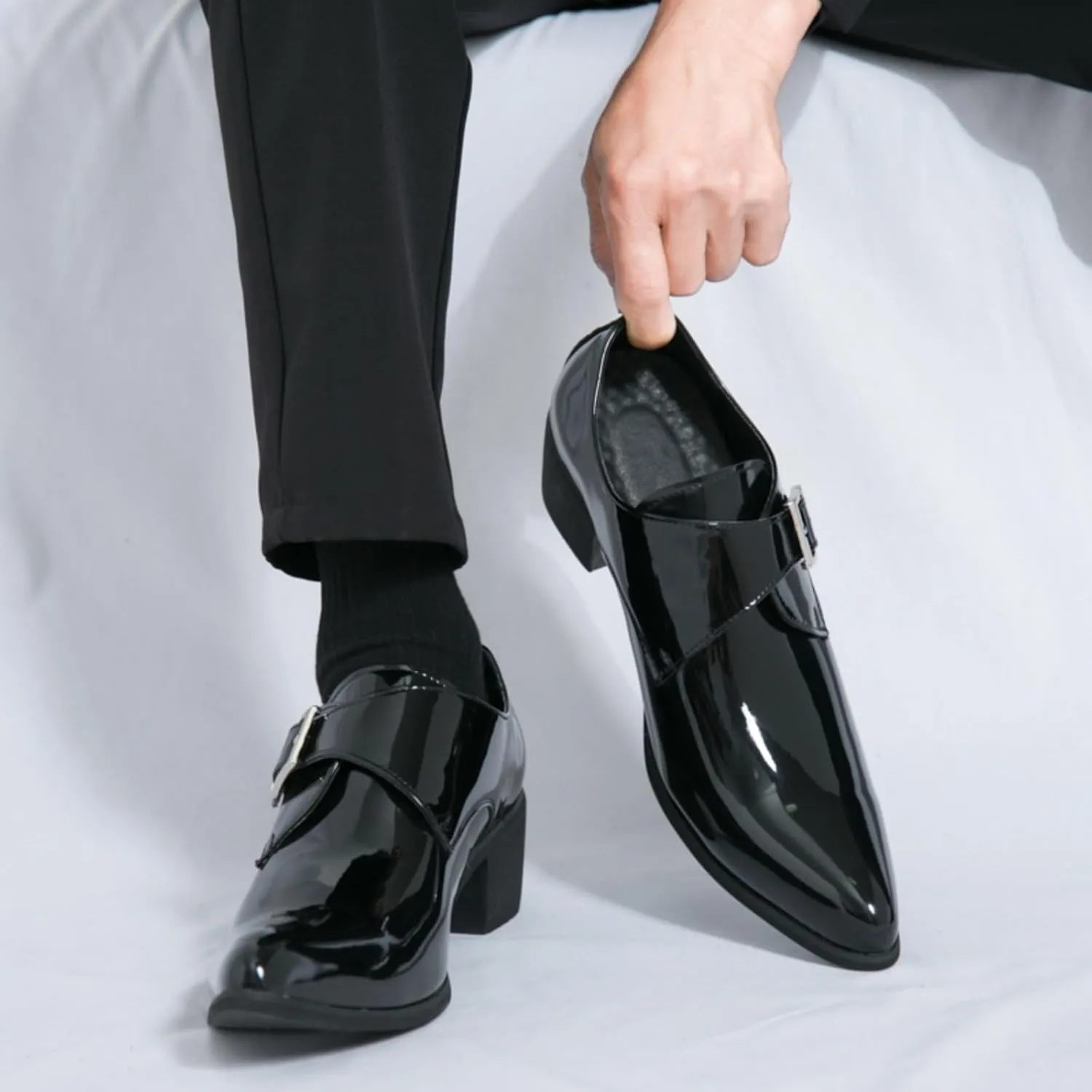 Men's Patent Leather Chunky Heels Dress Loafers with Monk Strap Modern Pointed Toe Tuxedo Oxford Shoes for Formal Business Office Church
