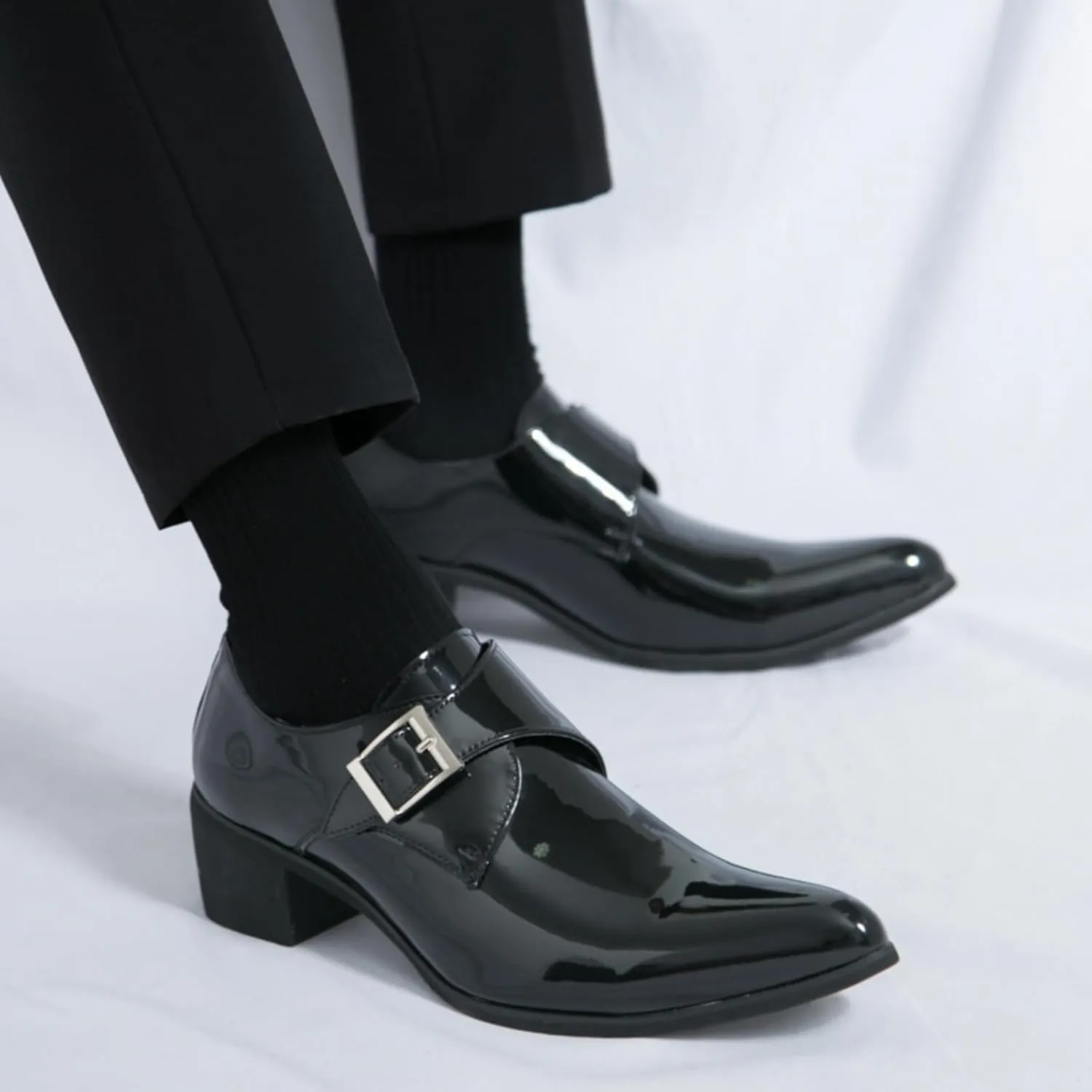 Men's Patent Leather Chunky Heels Dress Loafers with Monk Strap Modern Pointed Toe Tuxedo Oxford Shoes for Formal Business Office Church