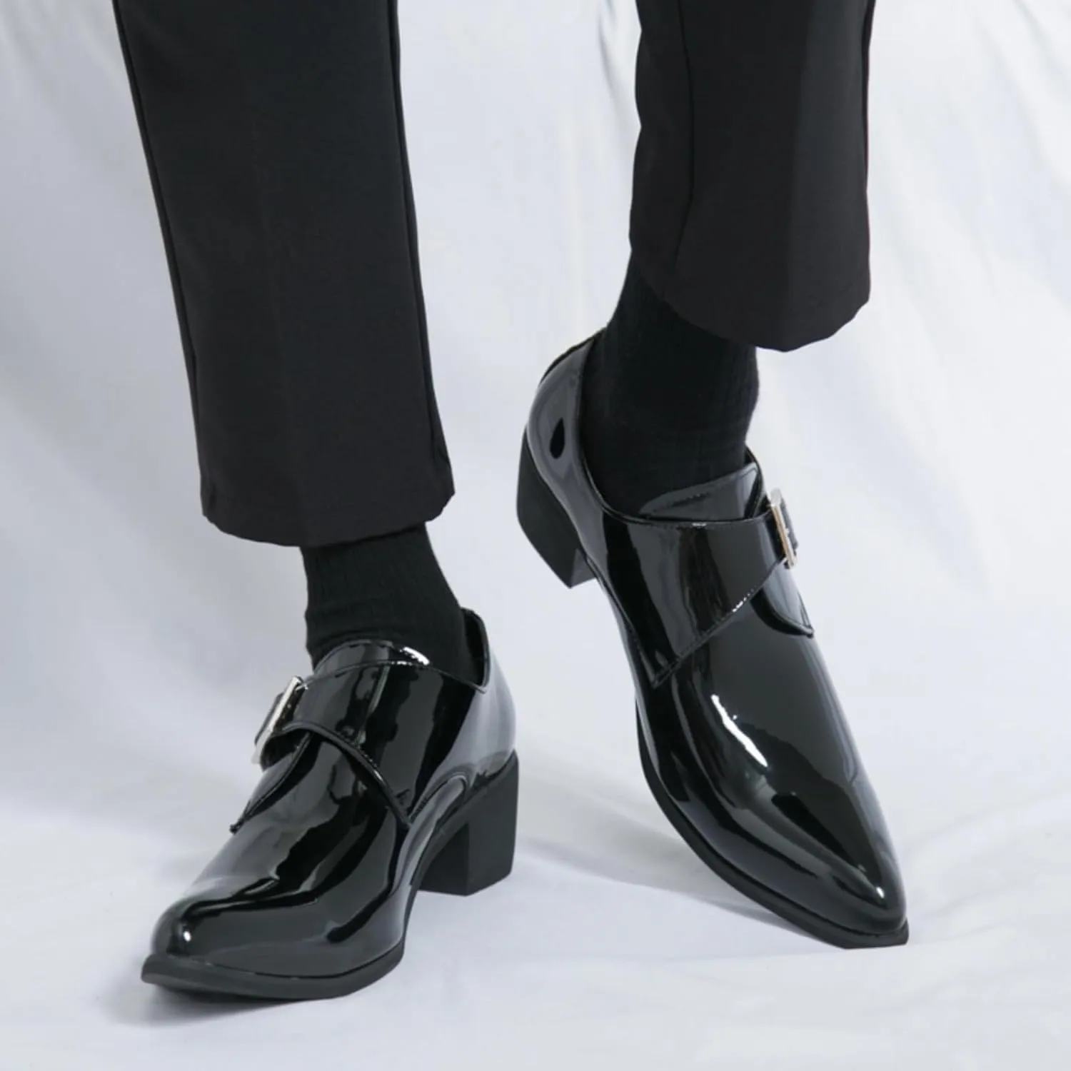 Men's Patent Leather Chunky Heels Dress Loafers with Monk Strap Modern Pointed Toe Tuxedo Oxford Shoes for Formal Business Office Church