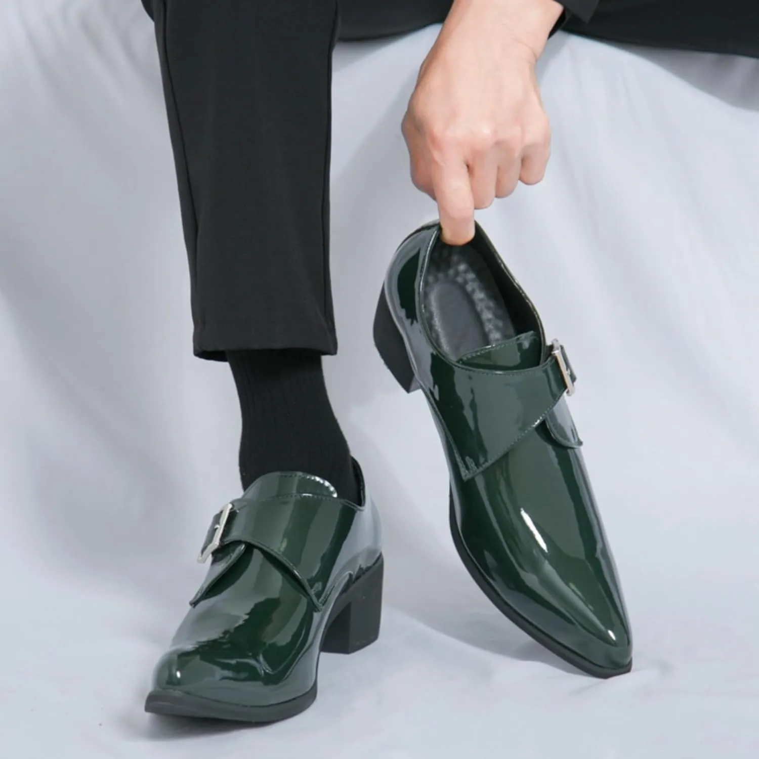 Men's Patent Leather Chunky Heels Dress Loafers with Monk Strap Modern Pointed Toe Tuxedo Oxford Shoes for Formal Business Office Church