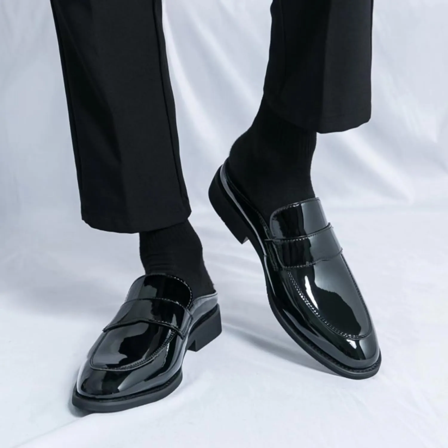 Mens Patent Leather Slip-On Dress Mule Sandals Summer Wingtip Backless Smoking Slippers Formal Business Party Half Loafers
