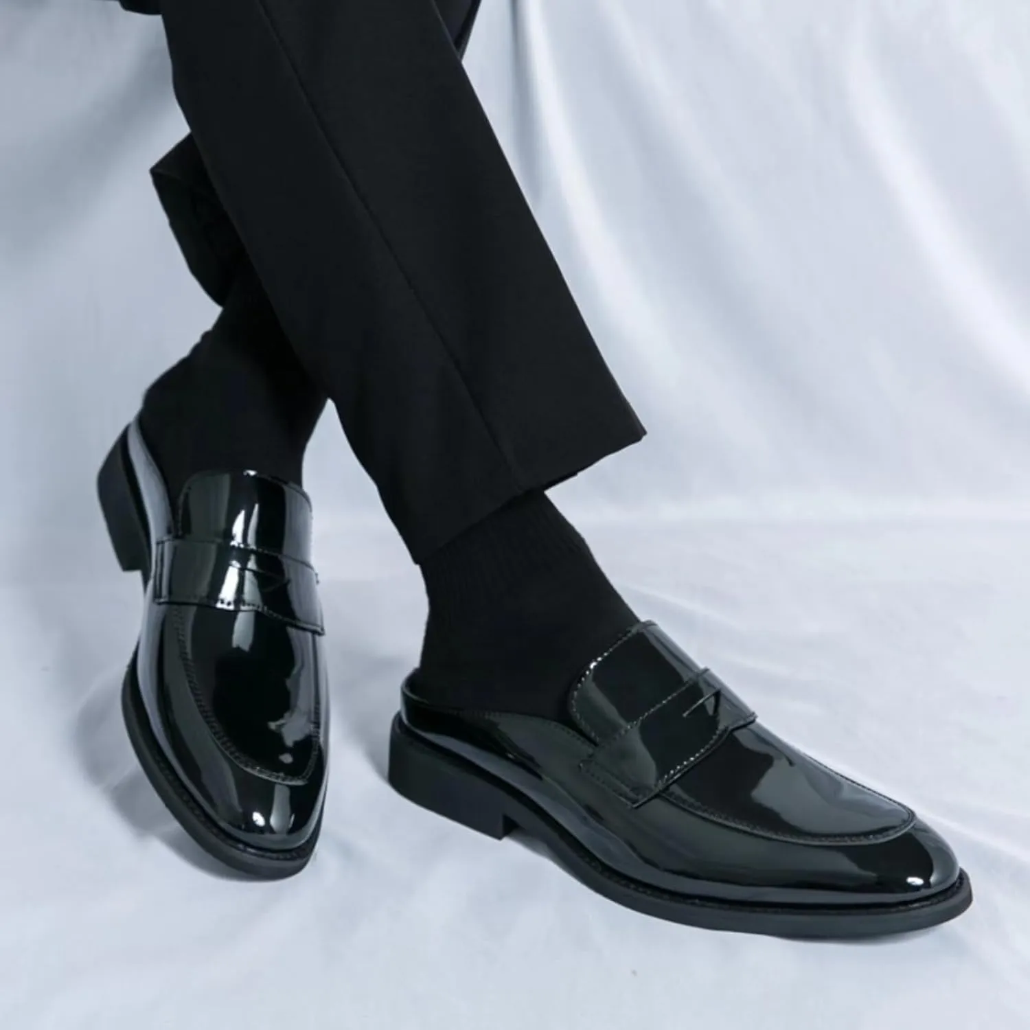 Mens Patent Leather Slip-On Dress Mule Sandals Summer Wingtip Backless Smoking Slippers Formal Business Party Half Loafers