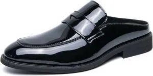 Mens Patent Leather Slip-On Dress Mule Sandals Summer Wingtip Backless Smoking Slippers Formal Business Party Half Loafers