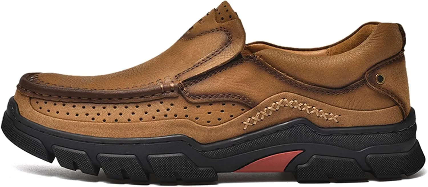 Men's Premium Casual Sneakers, Side Perforated Design, Leather Walking Sneakers, Driving Shoes, Outdoor Sneakers, Comfortable, Soft, Breathable, Non-Slip
